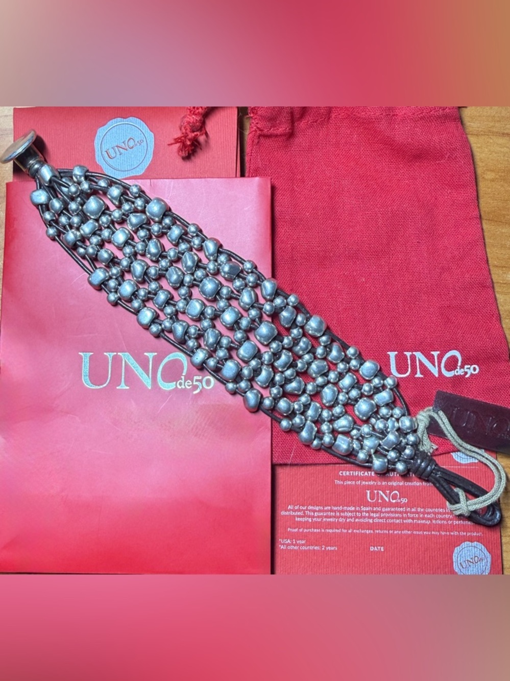 UNO de 50 LIKE NEW "Crazy Goat Bracelet" Silver Plated Beads Leather Large